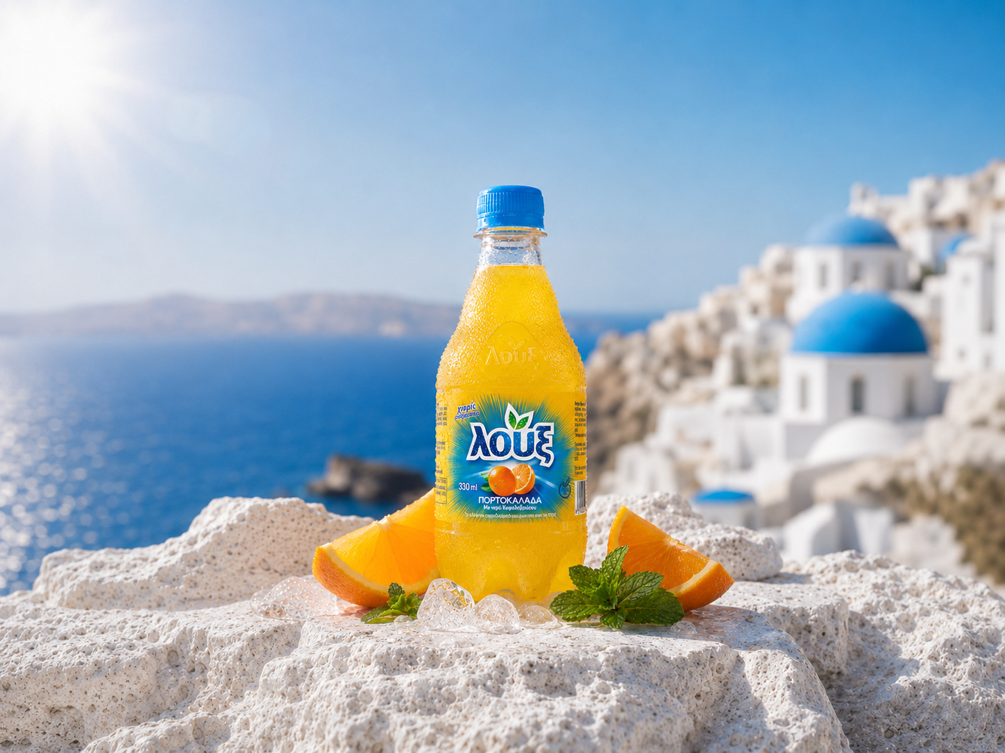 Orange soft drink bottle — finished Mediterranean campaign scene